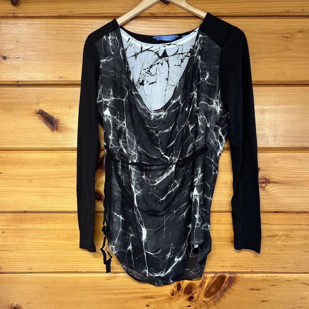 Simply Vera Wang Blouse Womens Small Black Tie-Dye Cowl Neck Long Sleeves Tie